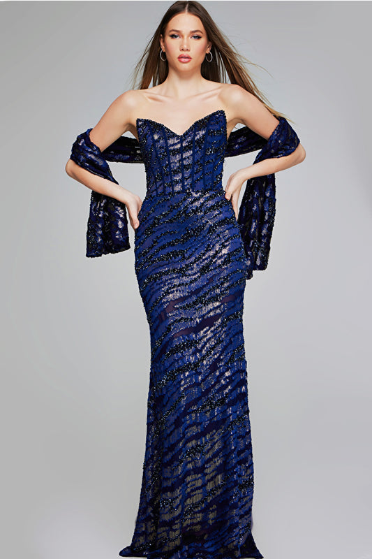 Strapless Beaded Gown with Sheer Detailing