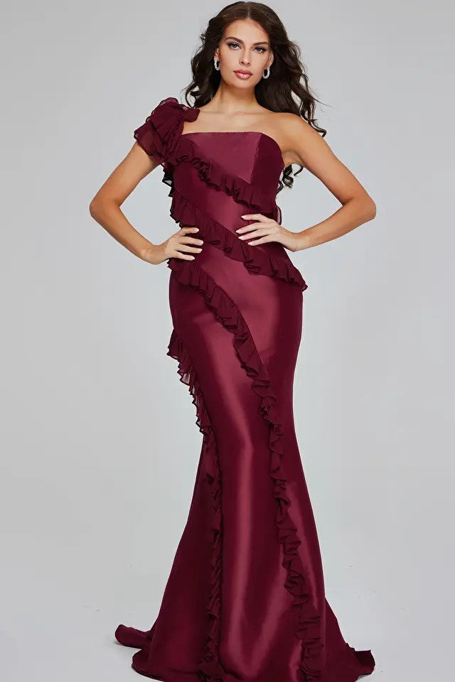 One Shoulder Cascading Ruffled Gown