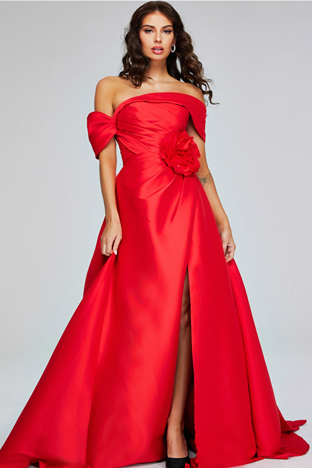 Off Shoulder Slit Gown with Flower Detail