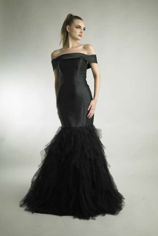 Off Shoulder Tulle Flounced Gown