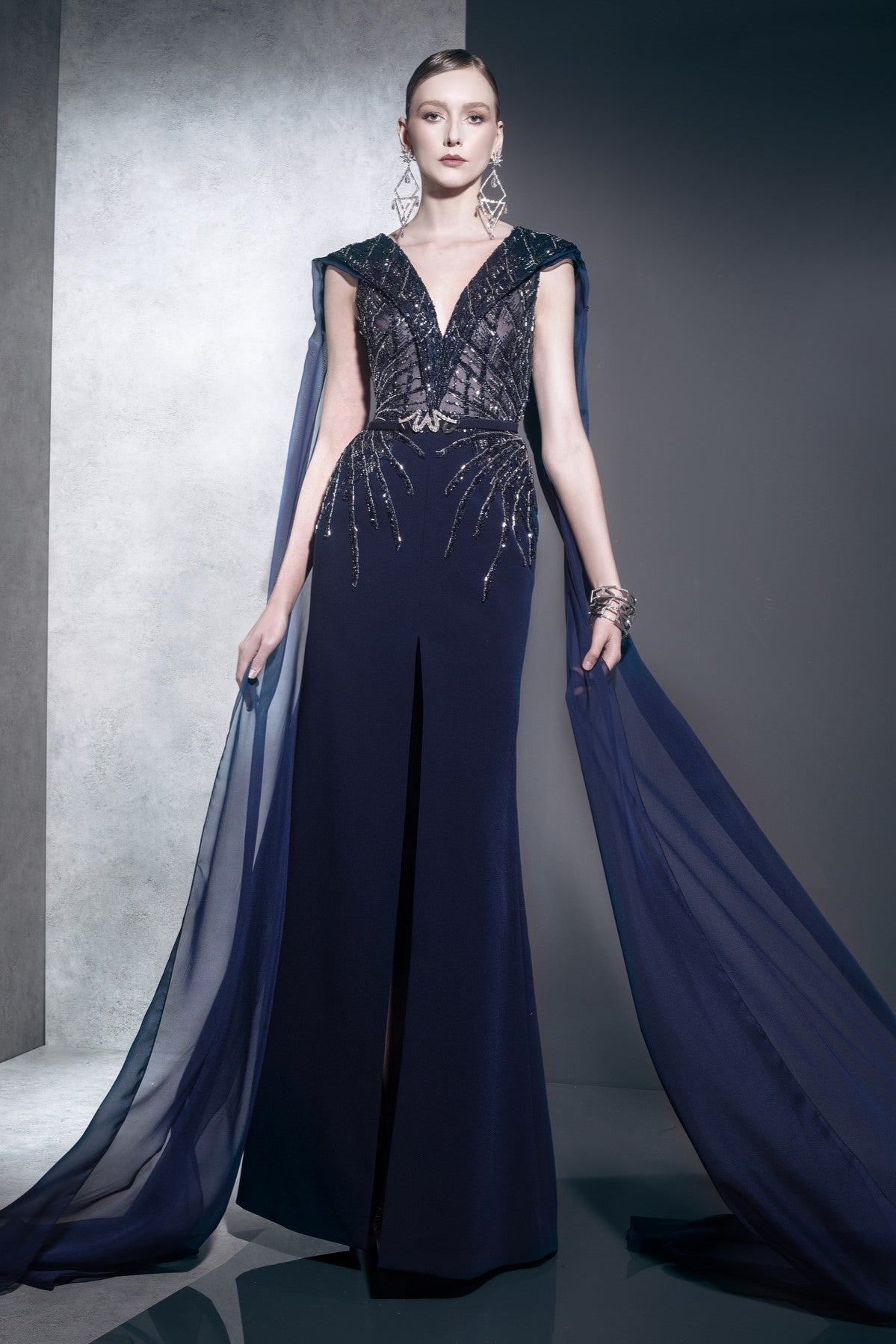 Embellished Bodice Cape Sleeve Gown