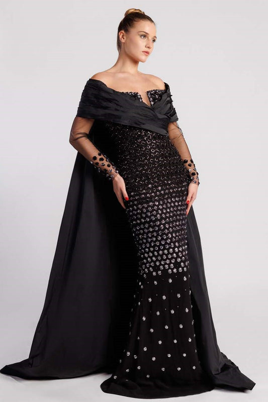 Off Shoulder Embroidered Chiffon Gown