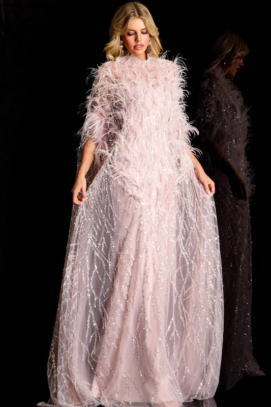Feather Embellished Sequin Gown
