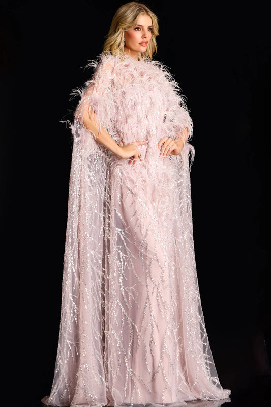 Feather Embellished Sequin Gown