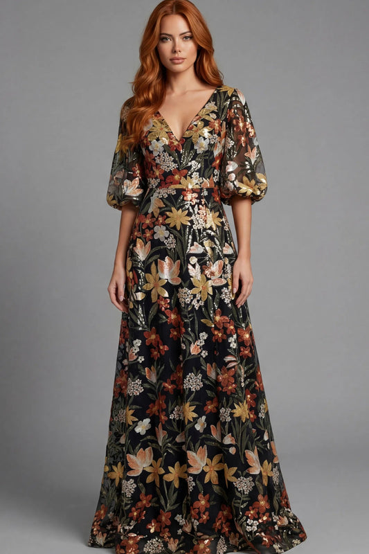 Floral V Neck Gown