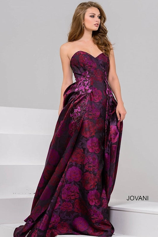 Strapless Column Evening Gown w/ Over Skirt