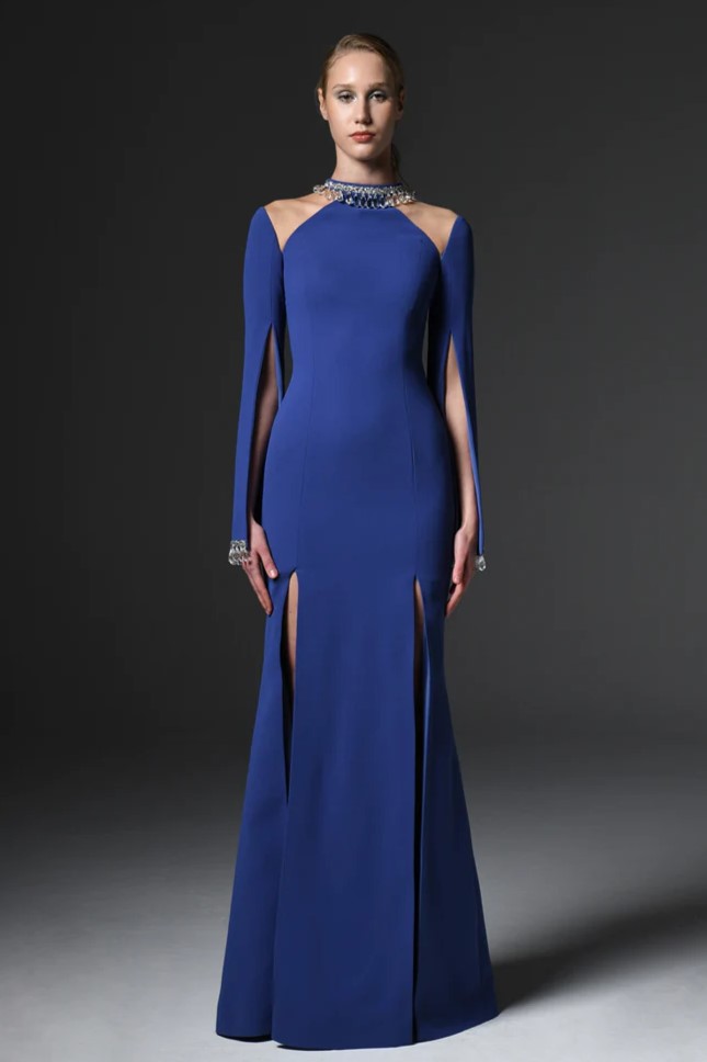 Crepe Gown with Embellished Crystals