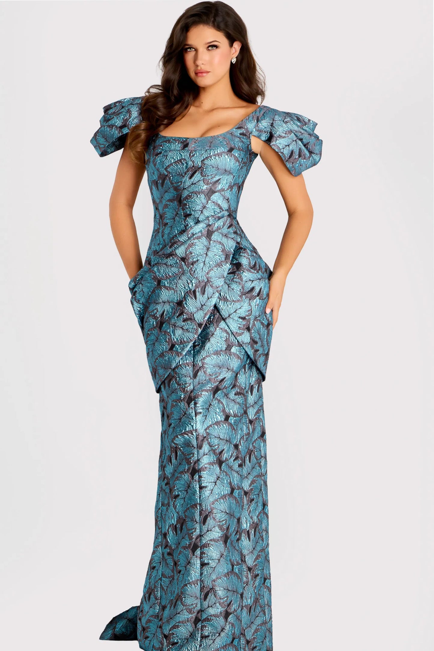 Structured Blue Brocade Gown