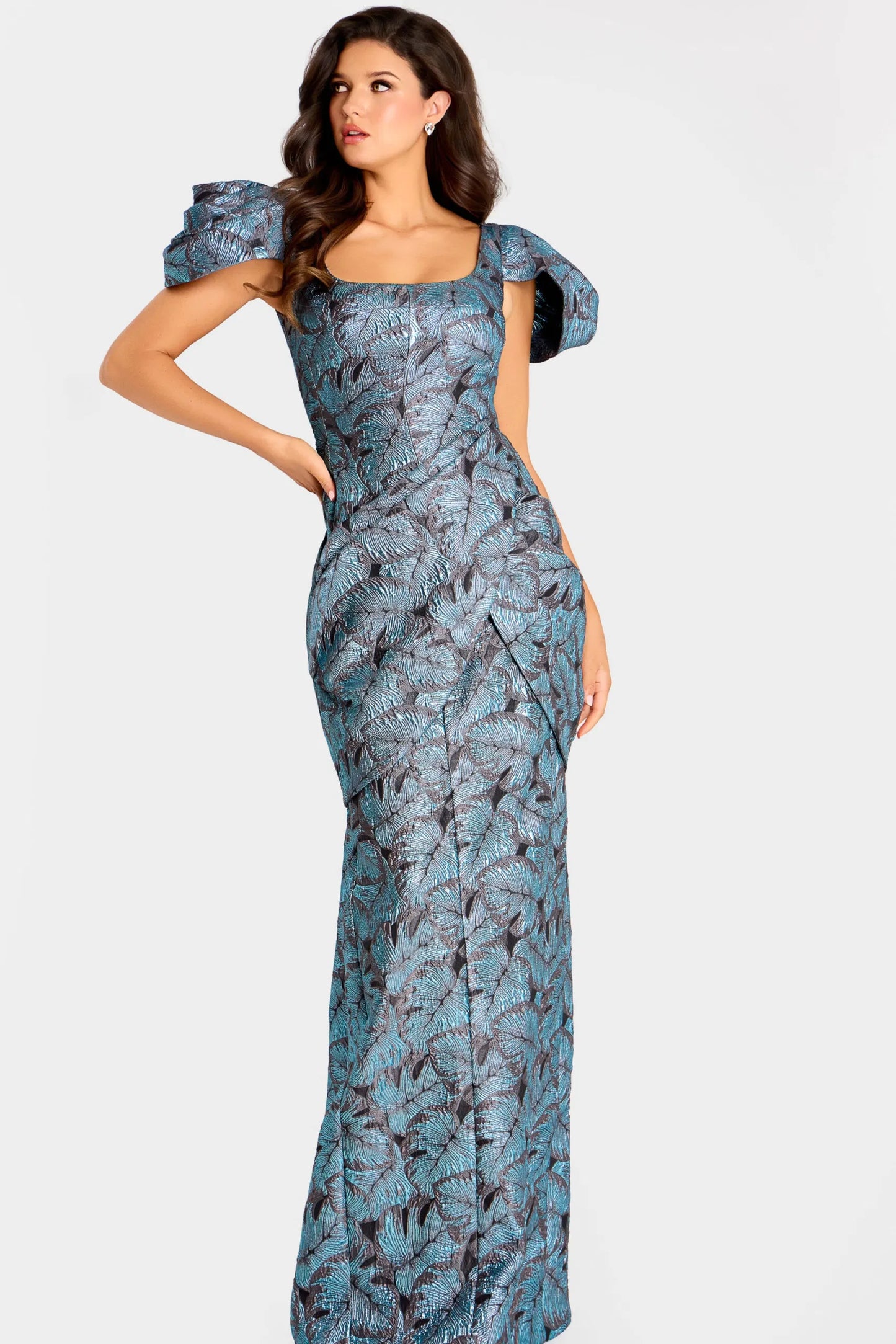 Structured Blue Brocade Gown