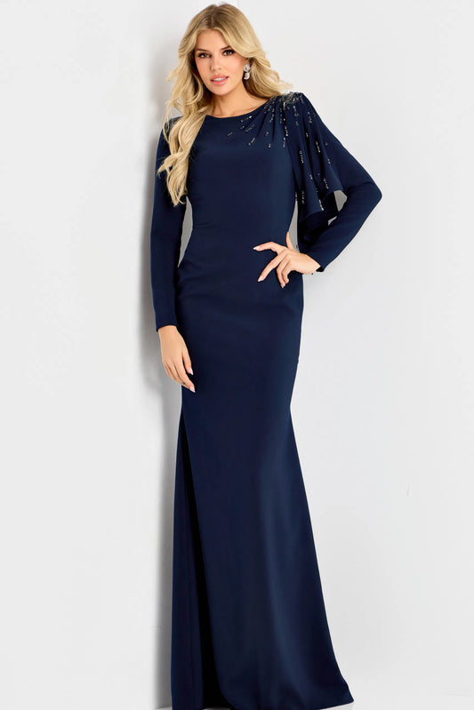 Long Sleeve Draped Shoulder Gown