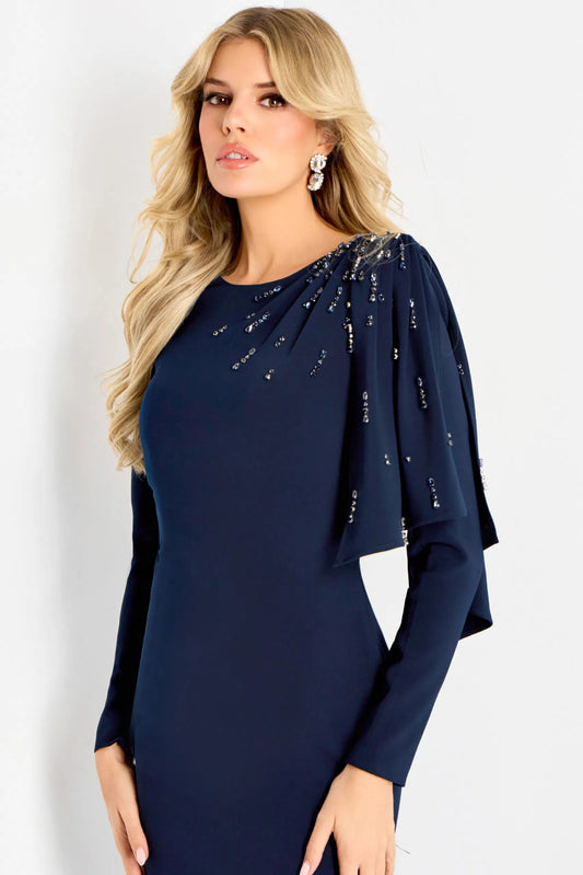 Long Sleeve Draped Shoulder Gown