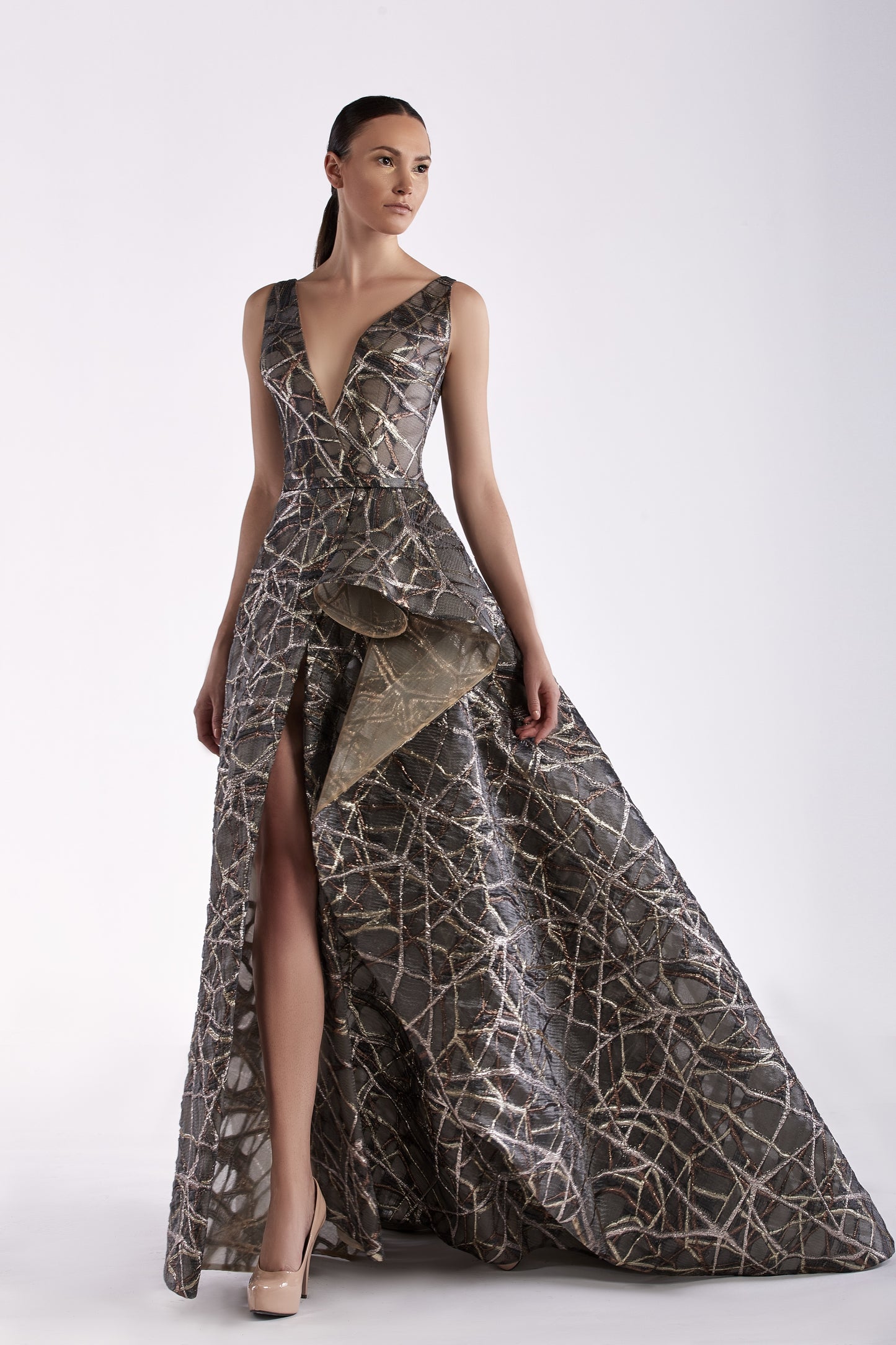 Plunging V Neck Organza Gown
