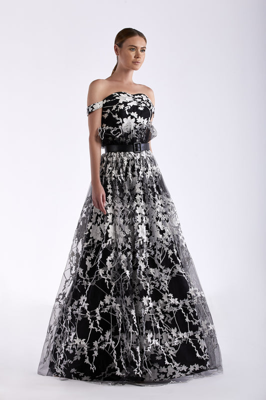 Off Shoulder Guipure Satin Gown