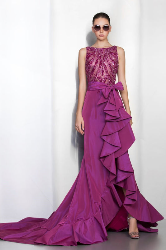 Embellished Sleeveless Ruffled Slit Gown