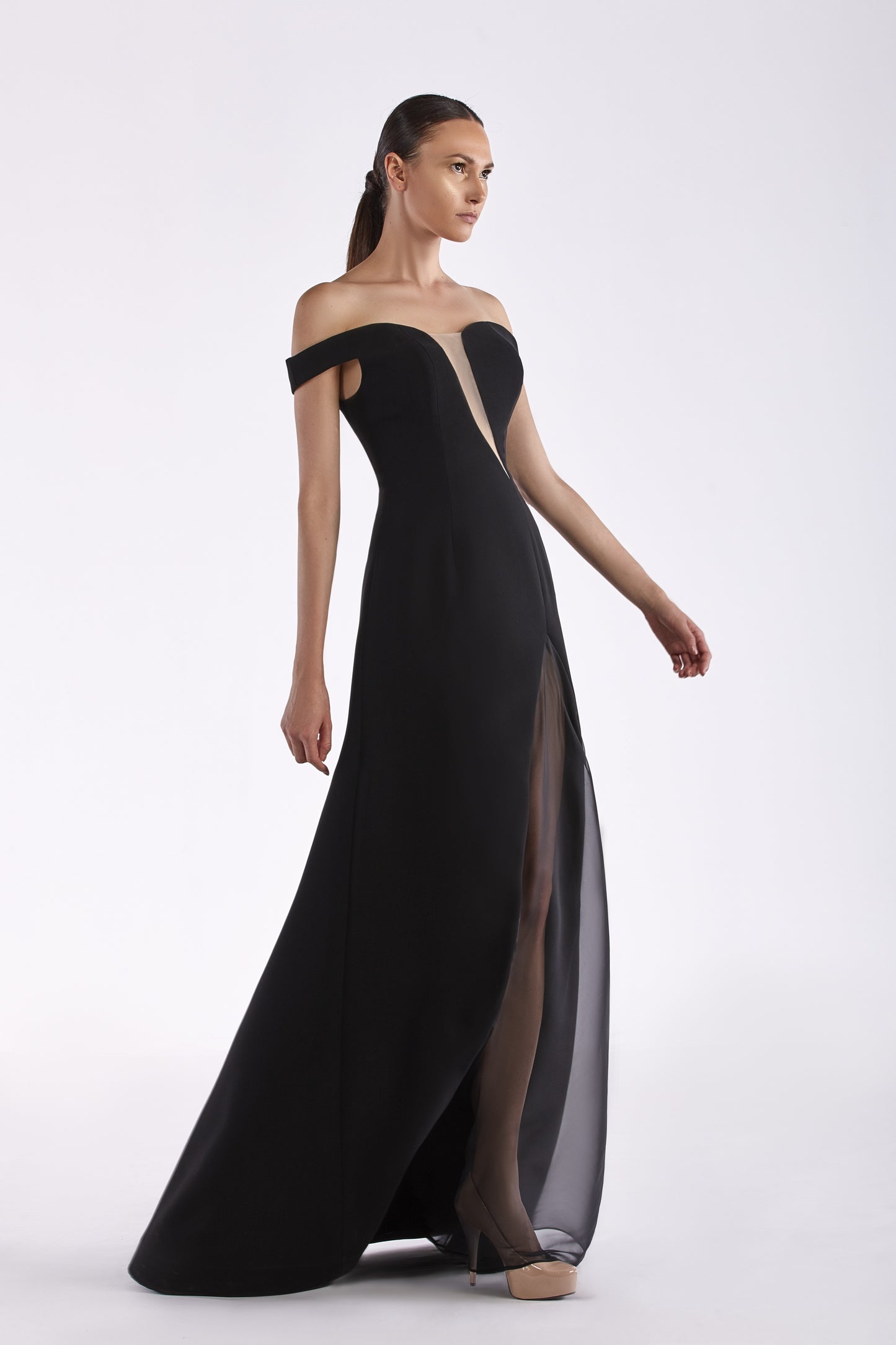 Crepe and Chiffon Off Shoulder Gown