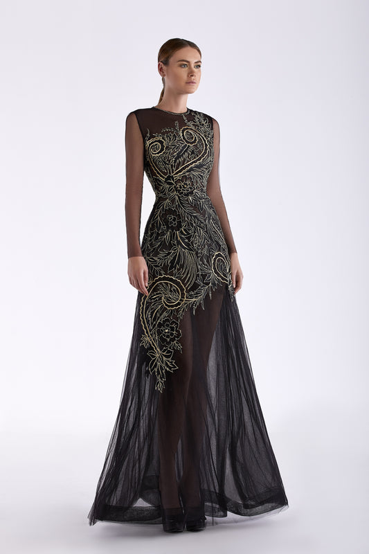Tulle Embroidered Long Sleeve Gown
