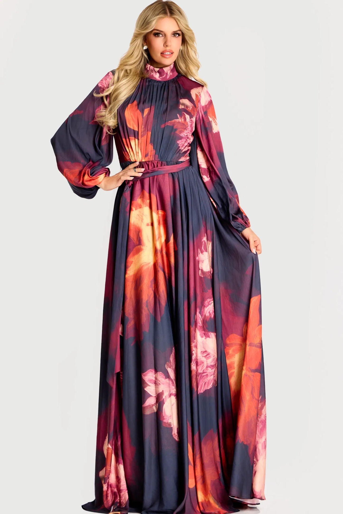 High Neck Floral Chiffon Gown