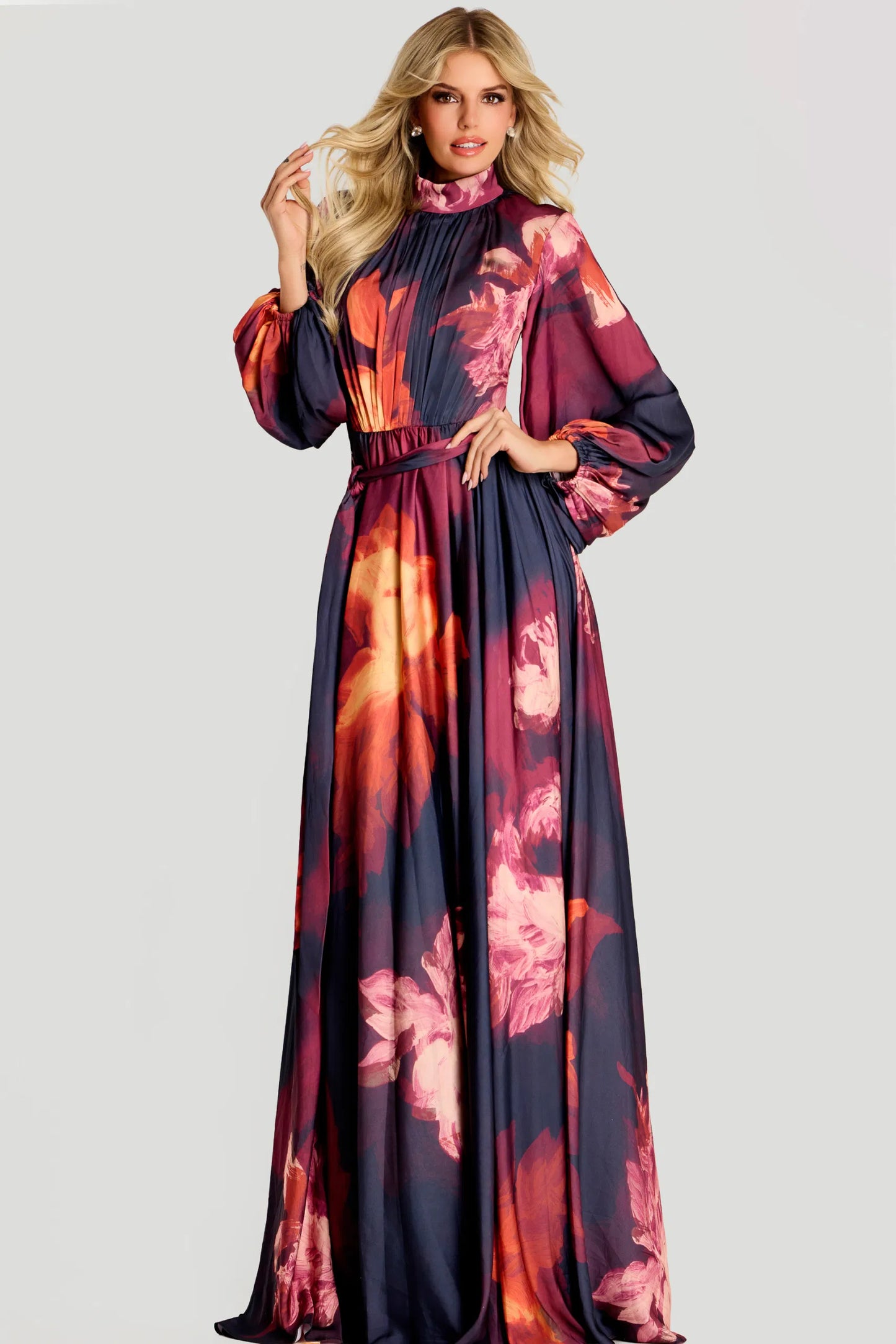 High Neck Floral Chiffon Gown