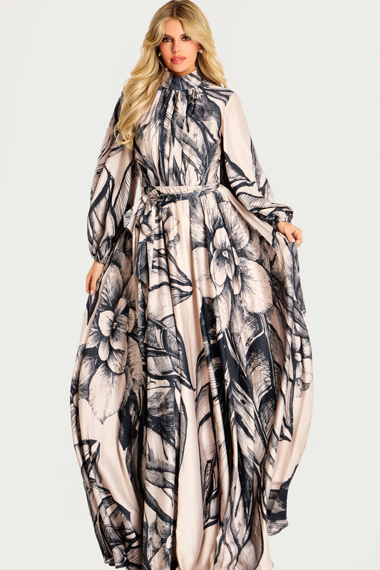 High Neck Floral Satin Gown