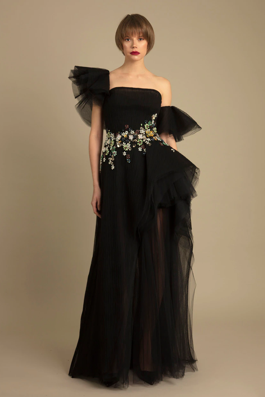 Asymmetrical Pleated Tulle Gown