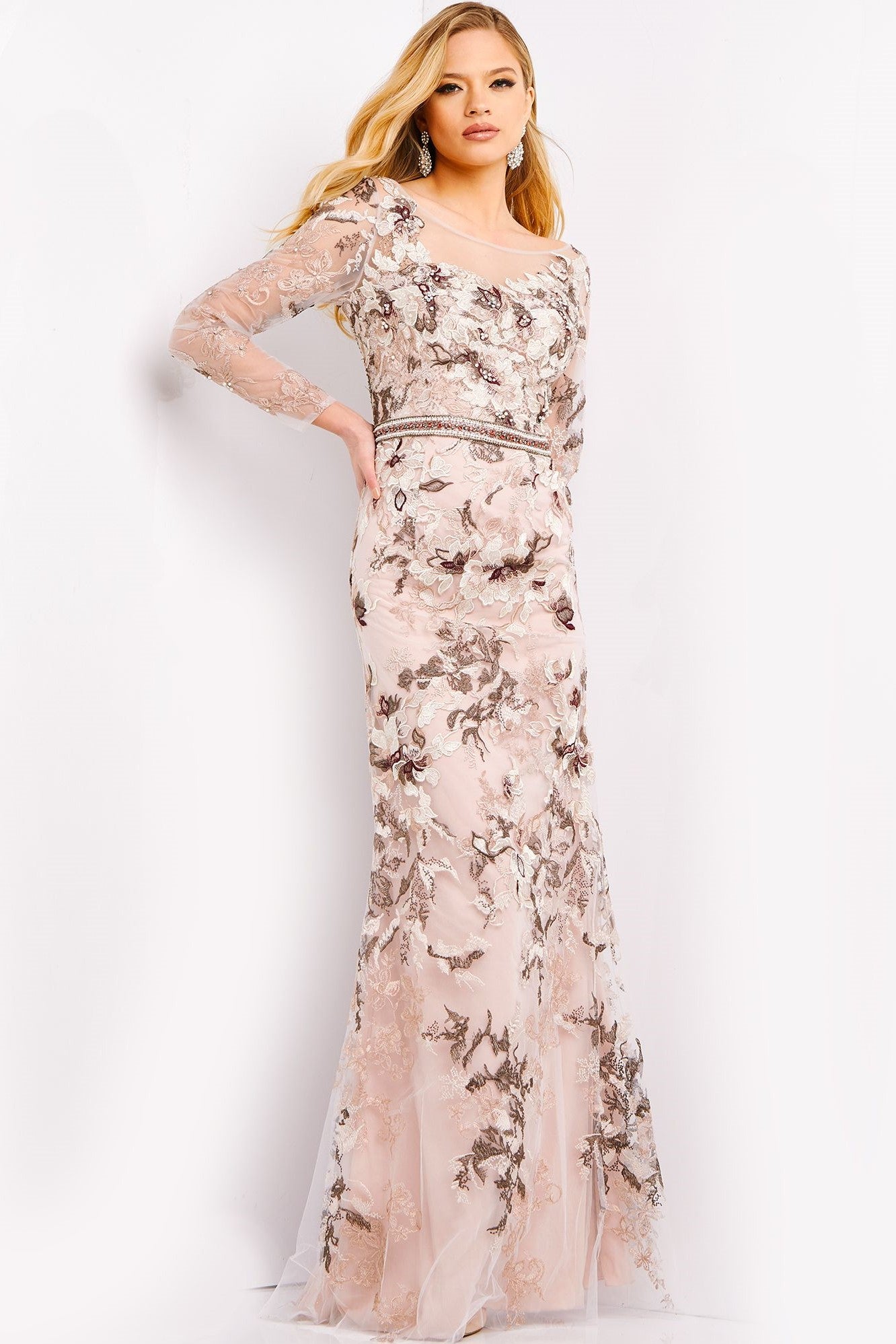 Floral Embroidered Long Sleeve Gown