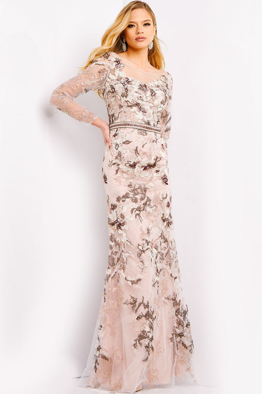 Floral Embroidered Long Sleeve Gown