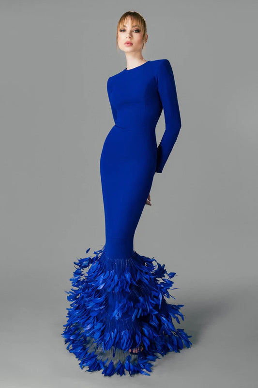Crepe Gown with Layered Feathers