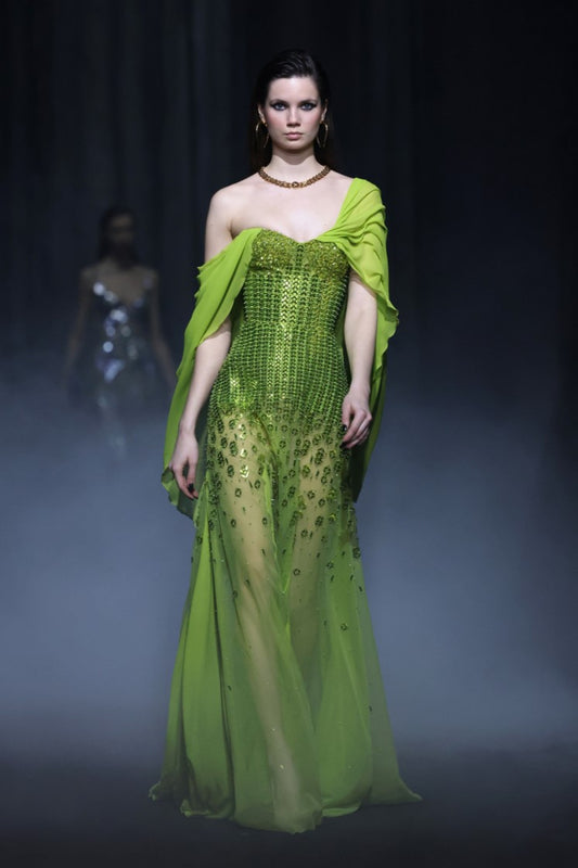 Strapless Beaded Tulle Gown with Georgette Panels