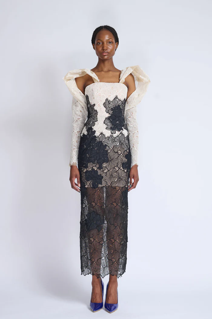 Strapless Lace Dress with Draped Sleeves