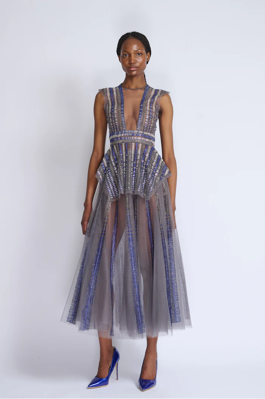 Rayure Embroidery Peplum Top with Skirt