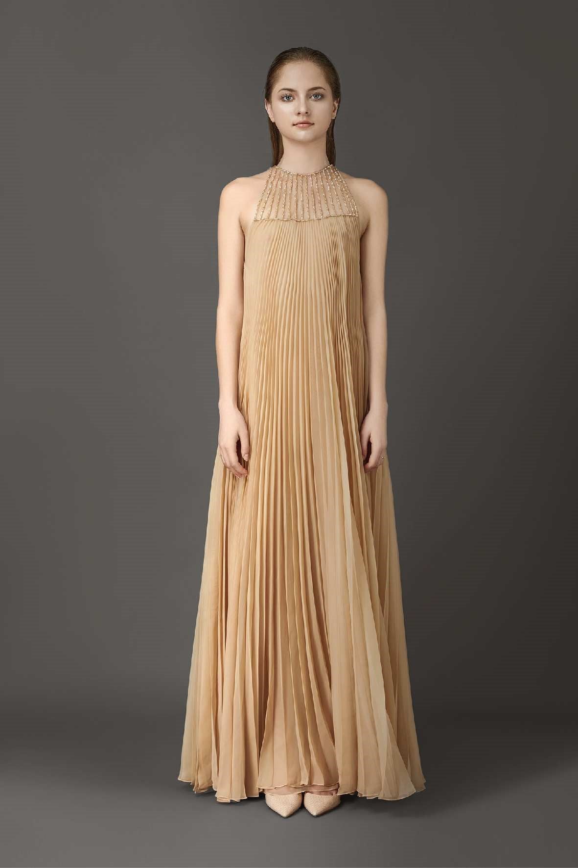Sleeveless Pleated Gown with Jewel Neckline