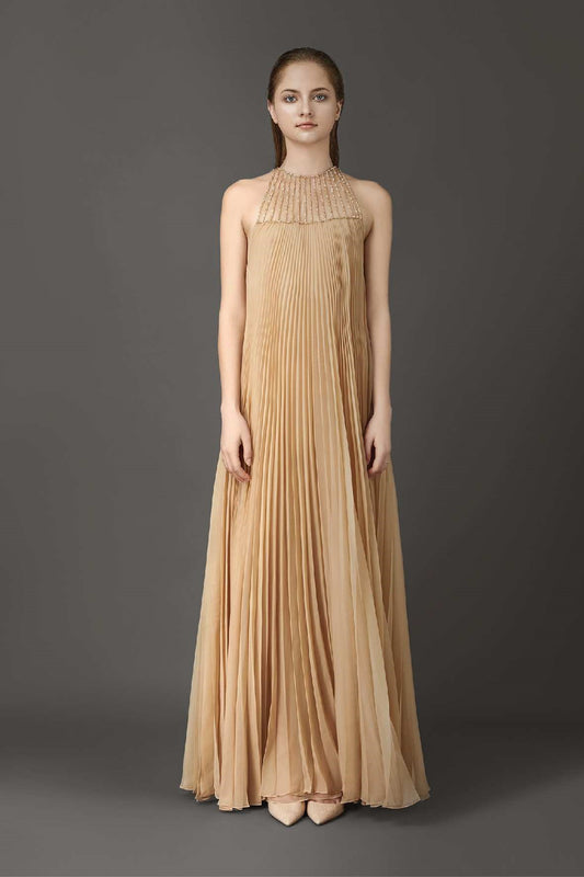 Sleeveless Pleated Gown with Jewel Neckline