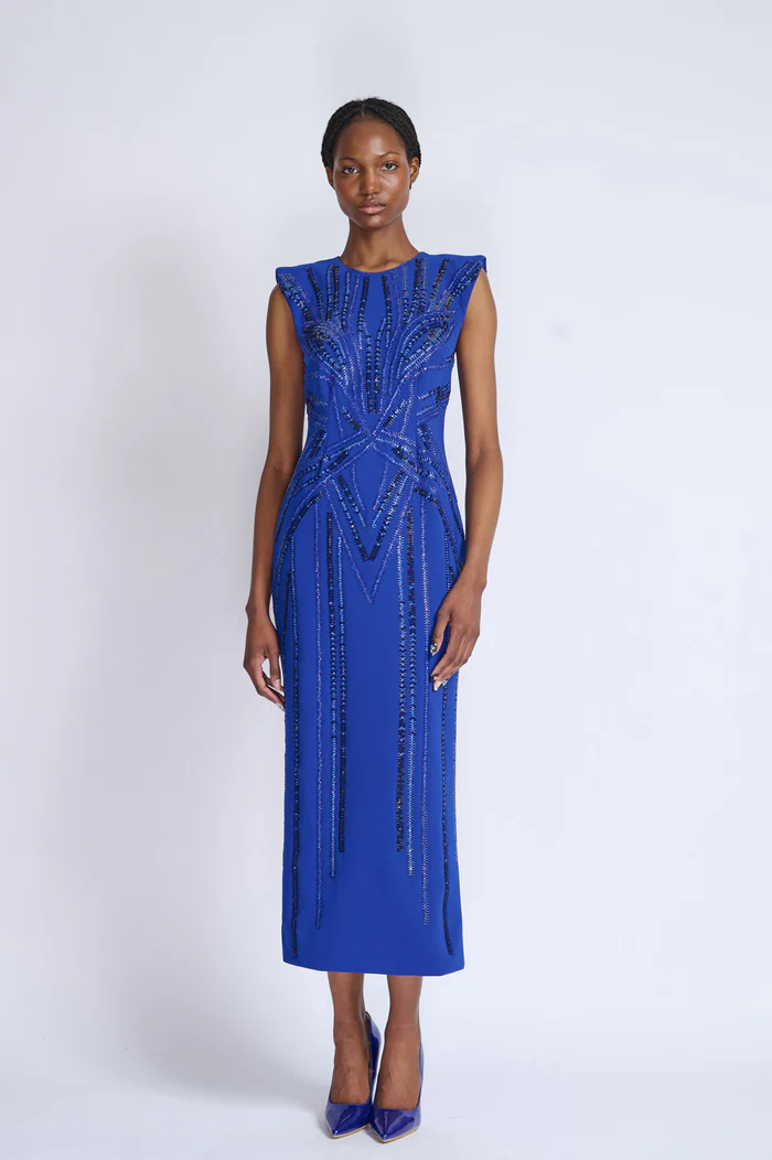 Rayure Embroidery Crepe Sheath Dress
