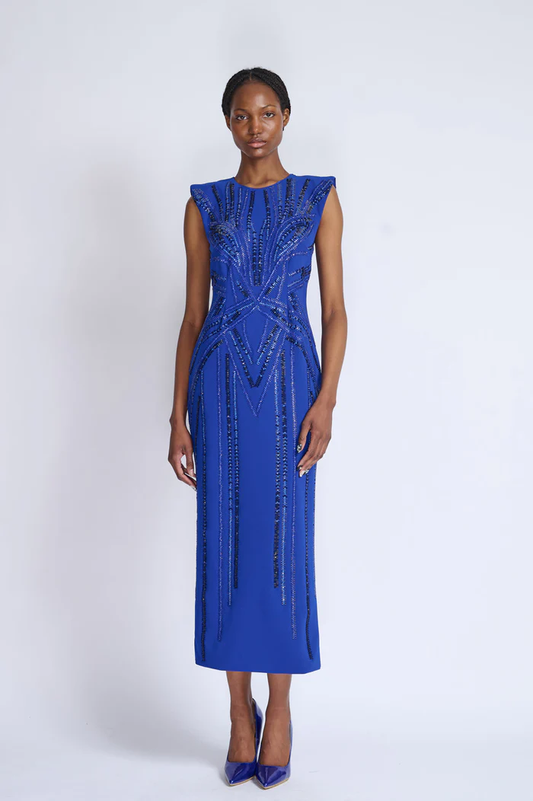 Rayure Embroidery Crepe Sheath Dress