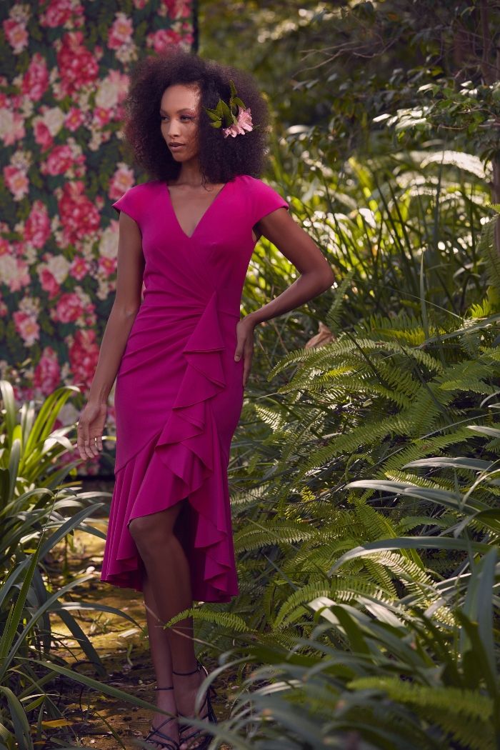 Cap Sleeve Side Ruffle Crepe Dress