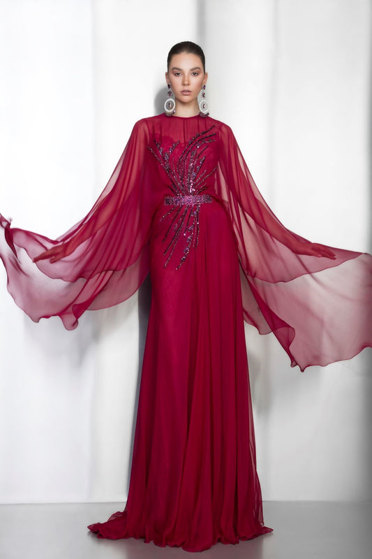 Cape Sleeve Embellished Gown