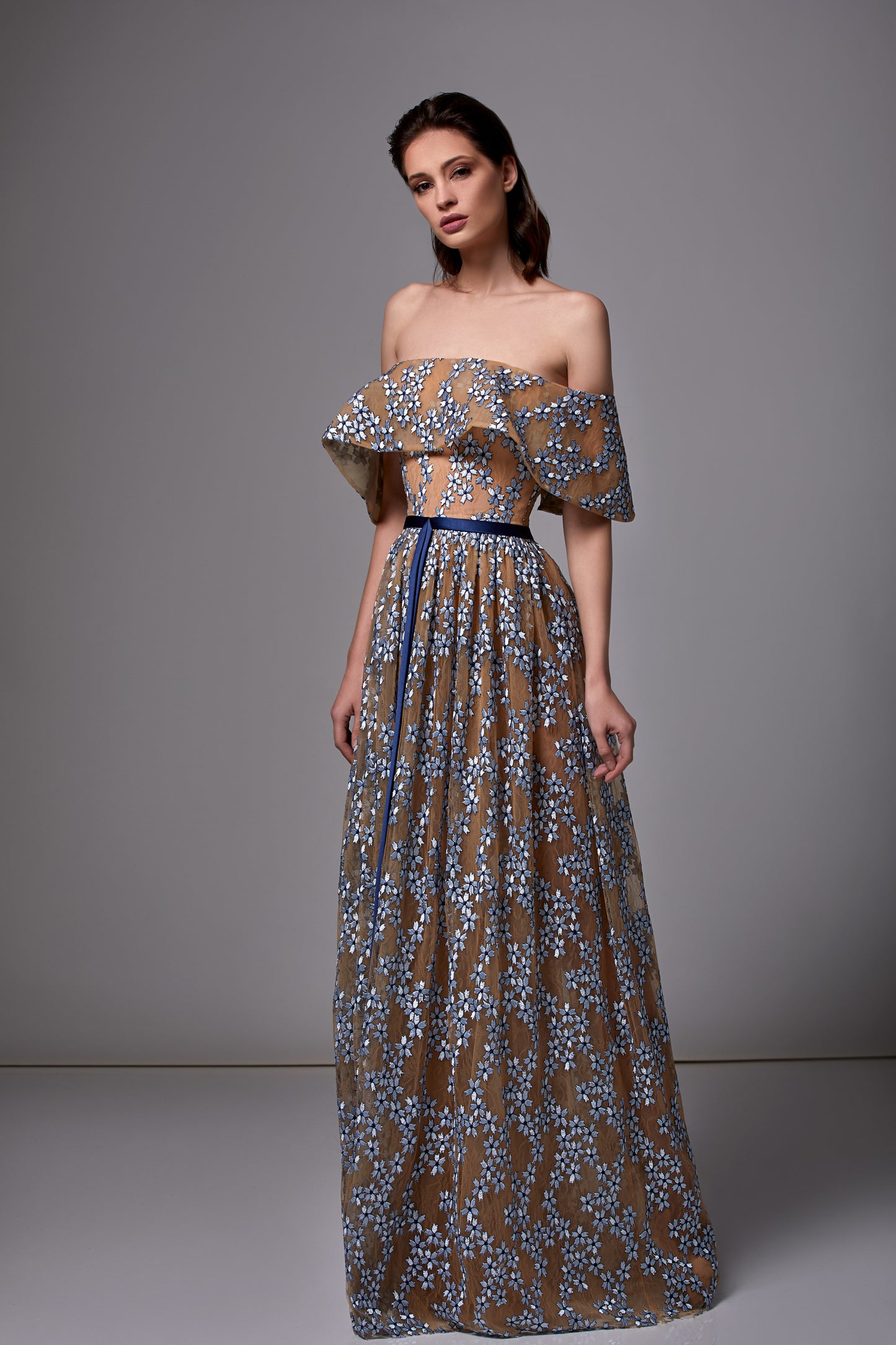 Floral Off the Shoulder Tulle Gown