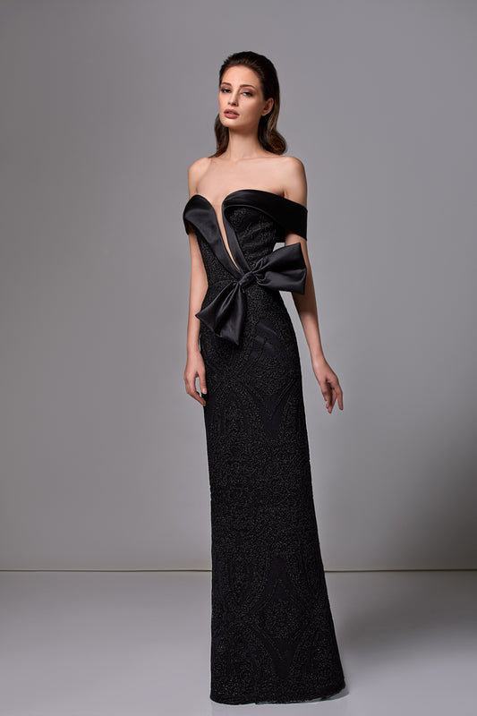 Off Shoulder Lace Gown with Stain Bow