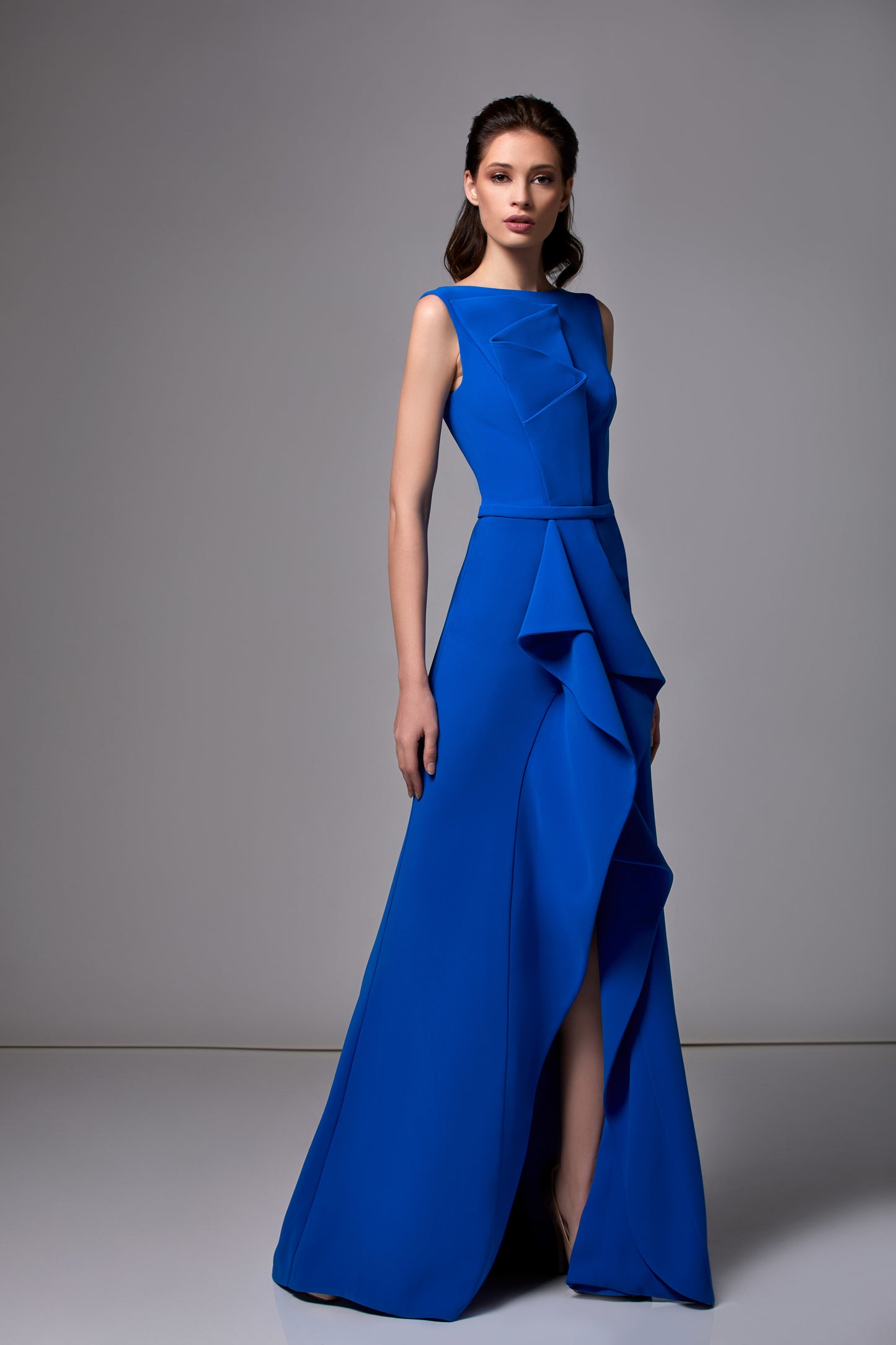 Sleeveless Crepe Ruffle Slit Gown