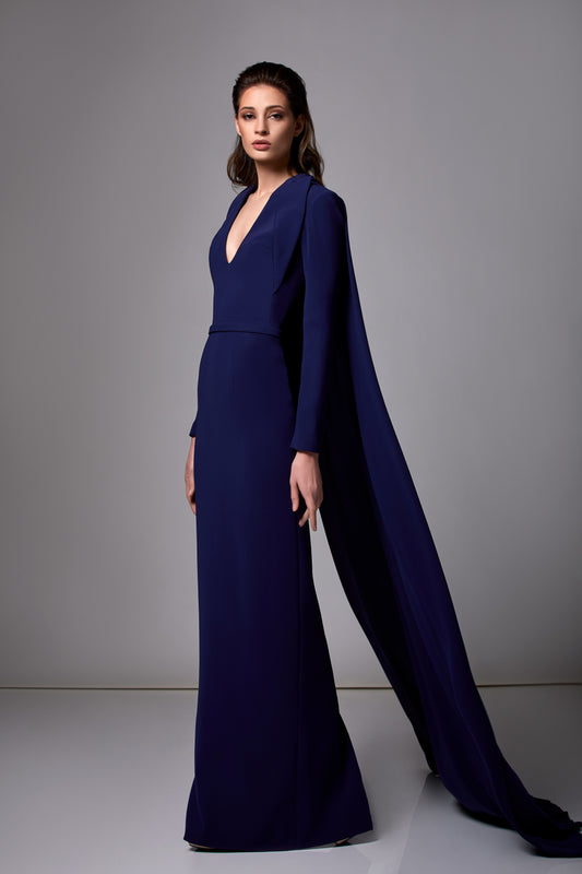Long Sleeve Crepe Gown with Cape