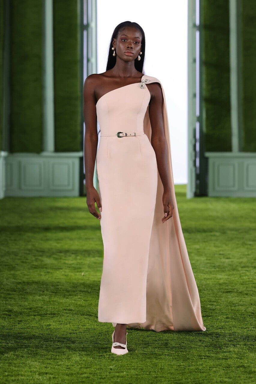 One Shoulder Crepe Midi Dress