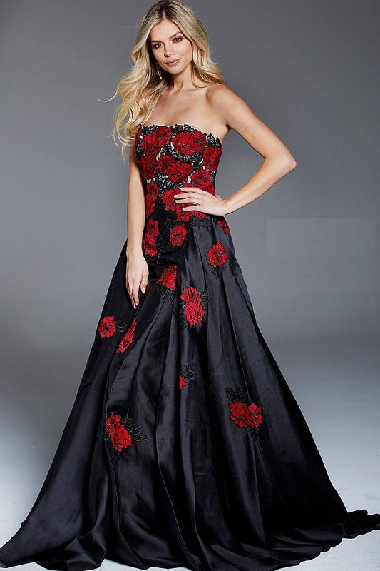 Strapless Floral Applique Gown