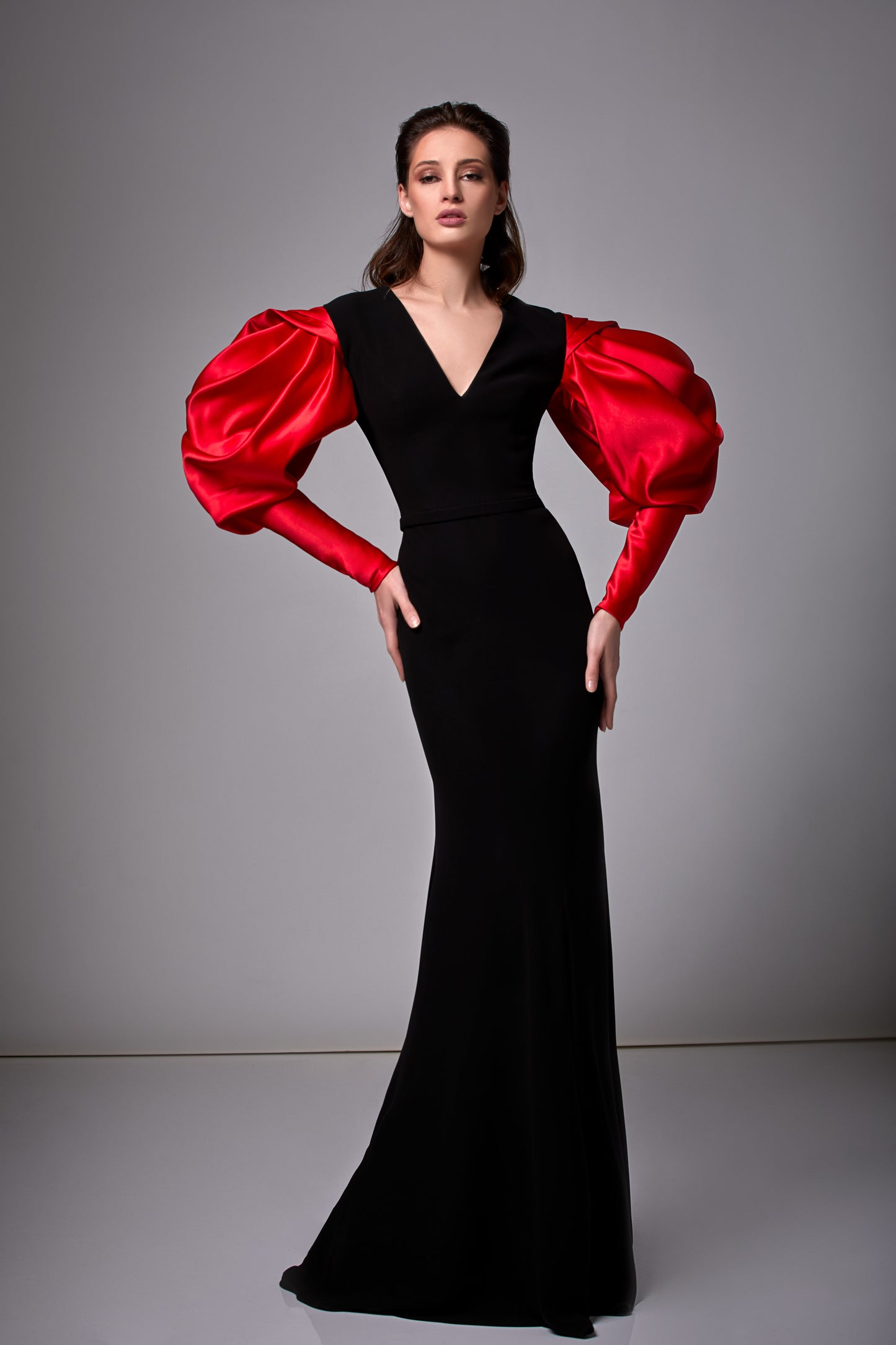 Satin Puff Sleeve Crepe Gown