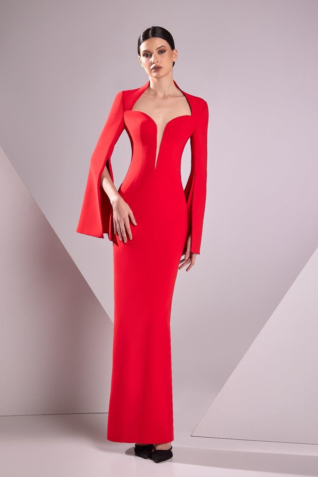Crepe Marocain Slit Sleeve Gown