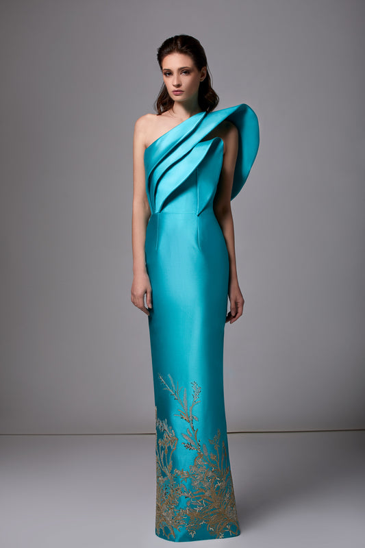 Embroidered One Shoulder Faille Gown