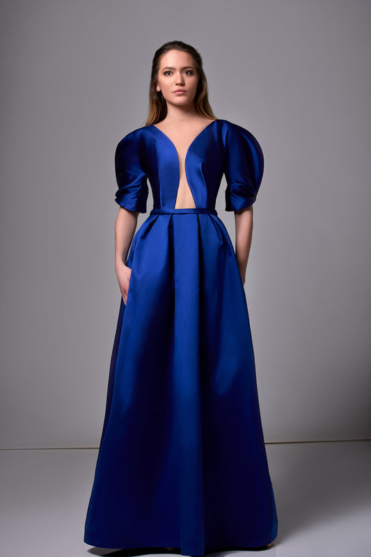 Short Sleeve A-Line Faille Gown