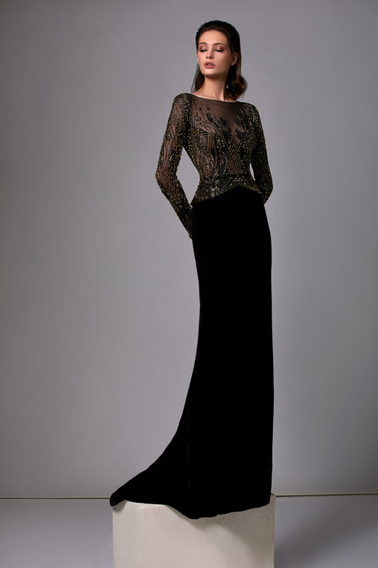 Beaded Long Sleeve Velvet Gown