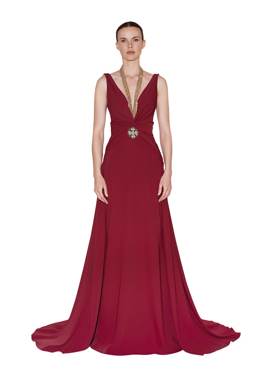Sleeveless Crepe V-Neck  Gown