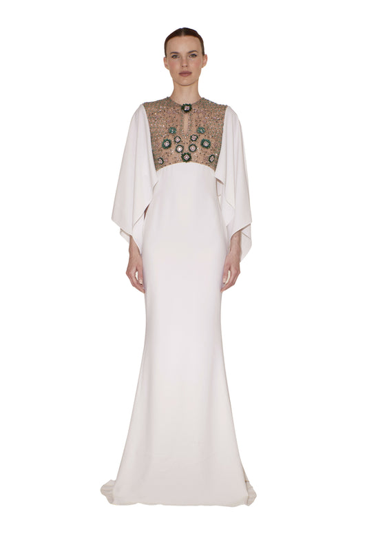 Long Flutter Sleeve Crepe Gown
