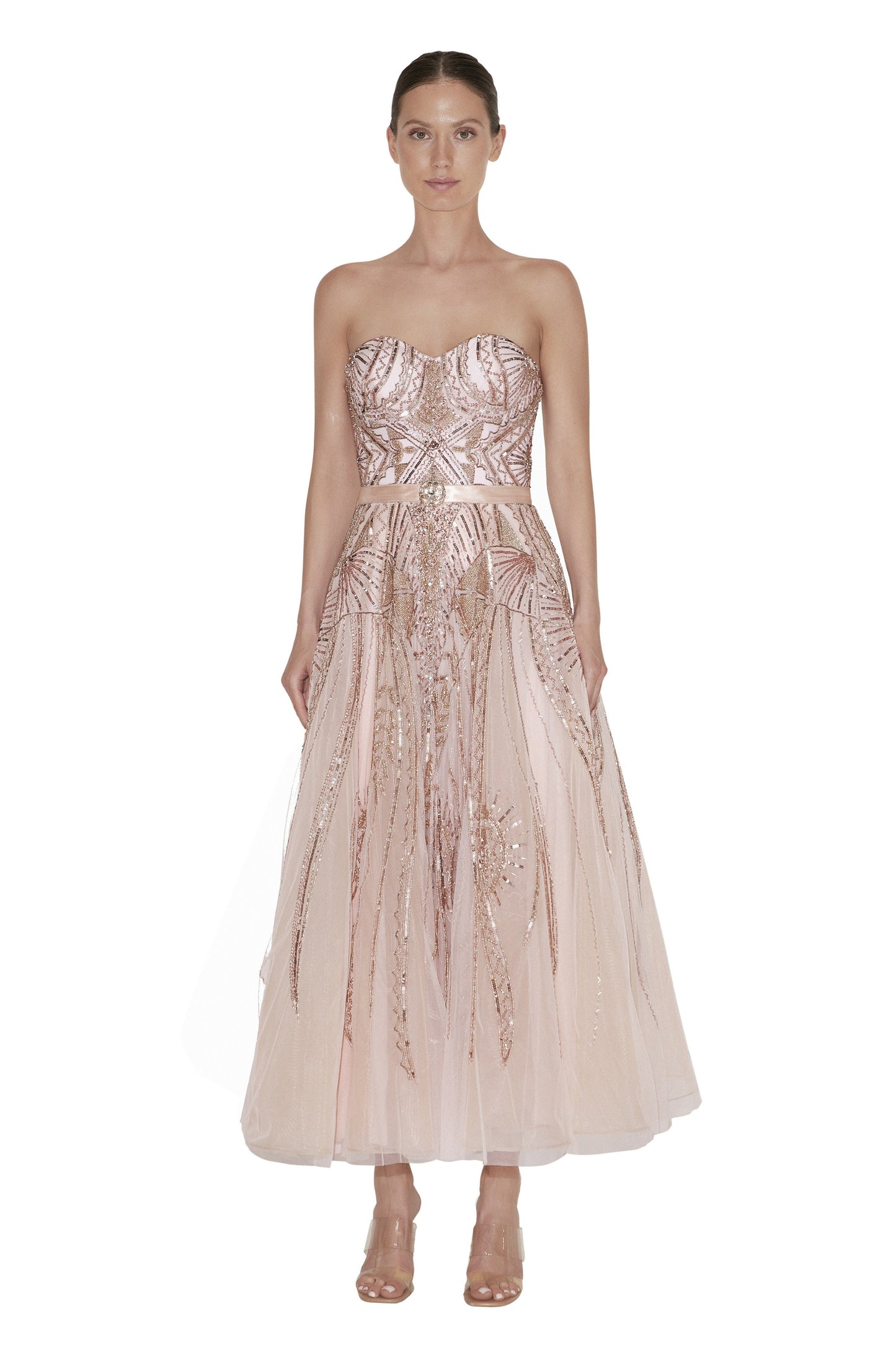 Strapless / Beaded Tea-Length Tulle Midi Dress